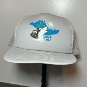 Vintage 80s 90s call me wild gray wolf flat bill trucker hat